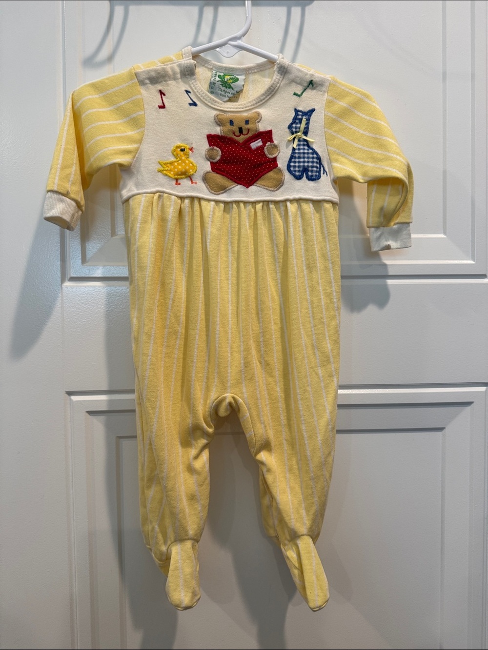 Vintage Yellow Striped Footed One-Piece with Bear & Duck Appliqué